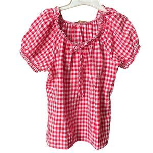 Belle Pogue size L seersucker checked puff sleeve top. Country farm life.